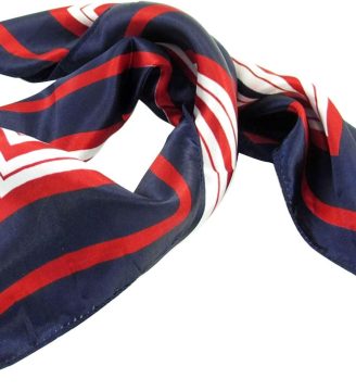 Lady Dark Blue Red White Stripe Print Kerchief Square Neck Scarf Wrap