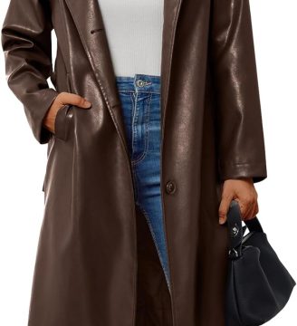 Womens Long Leather Jackets Trench Coat Blazer Lapel Faux Open Front with Belt