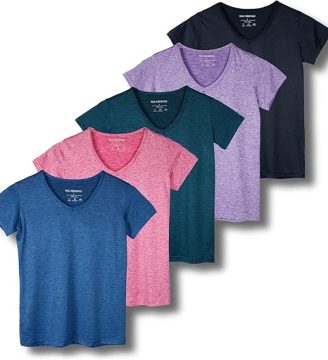 Real Essentials 5 Pack: Women's Short Sleeve V-Neck Activewear T-Shirt Dry-Fit Wicking Yoga Top (Available in Plus)